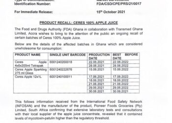 FDA announces recall of Ceres 100% Apple Juice over high levels of mycotoxin-patulin