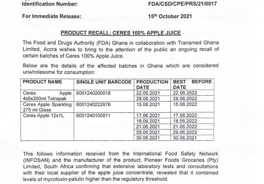 FDA announces recall of Ceres 100% Apple Juice over high levels of mycotoxin-patulin